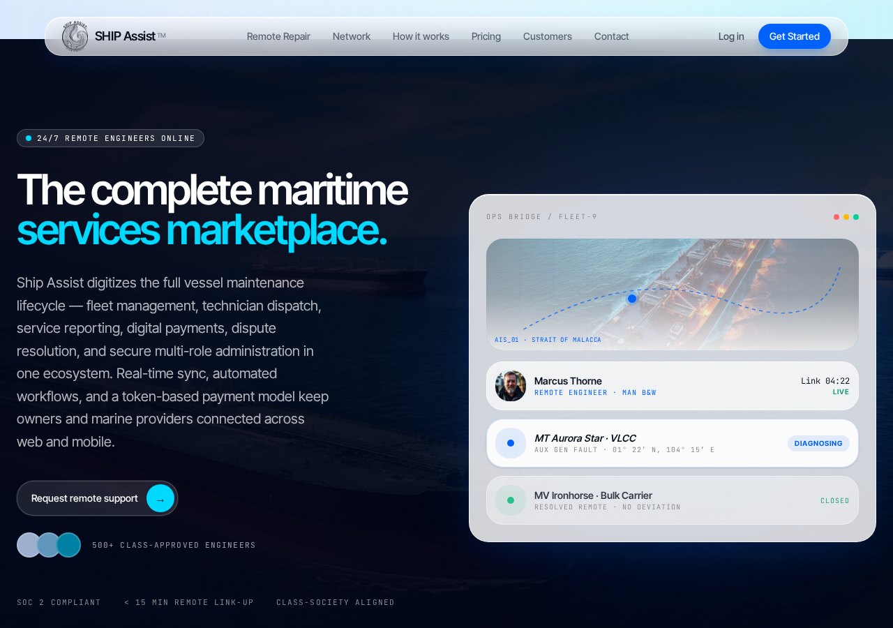 Ship Assist maritime services marketplace website with remote engineer dispatch console
