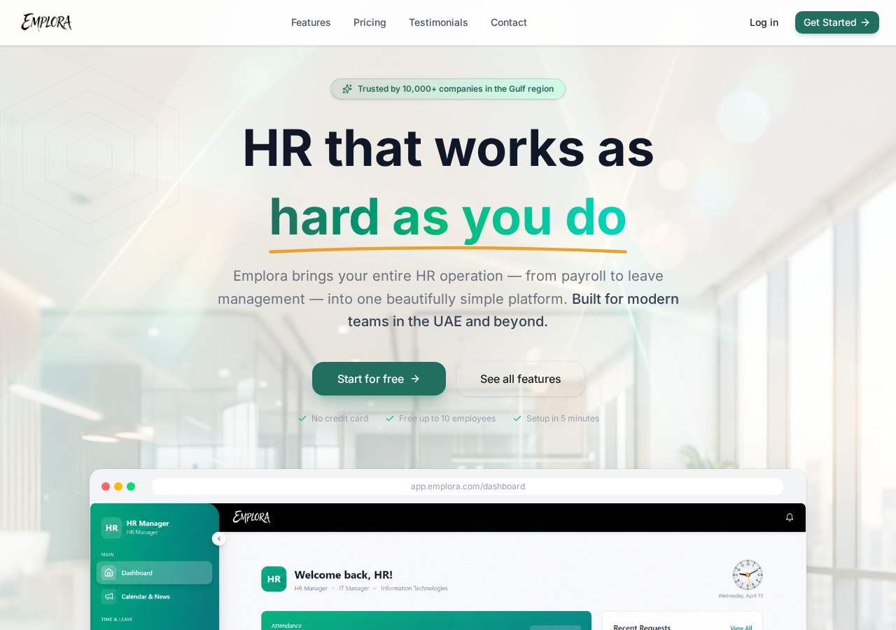 Emplora HR platform website and dashboard interface
