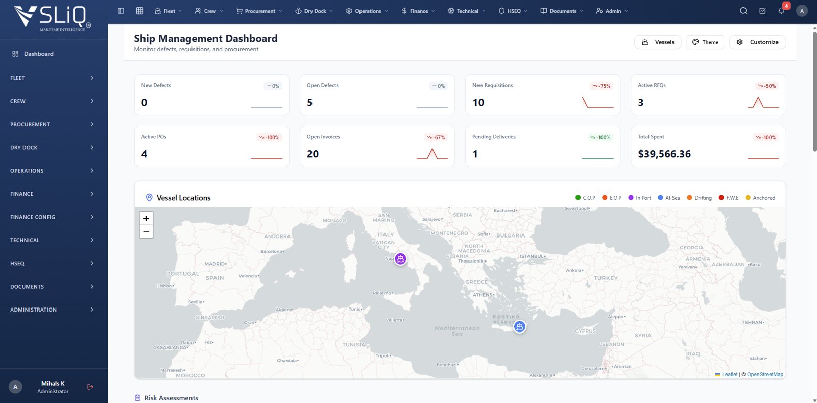 VSLiQ maritime ERP ship management dashboard with fleet KPIs and vessel location map