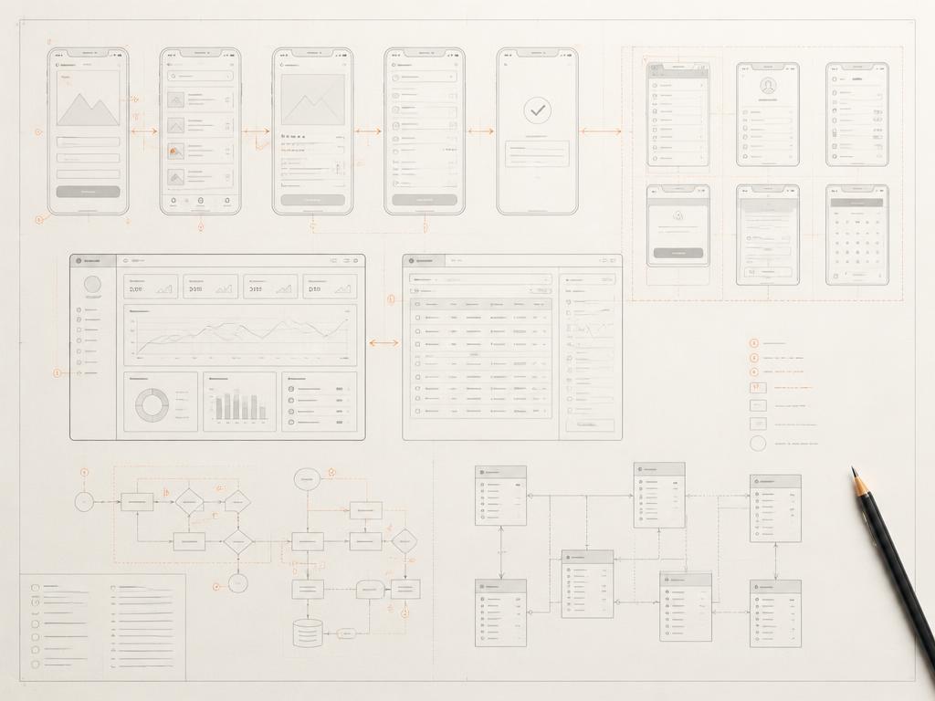 Software blueprint with app screen wireframes, user flows and data models