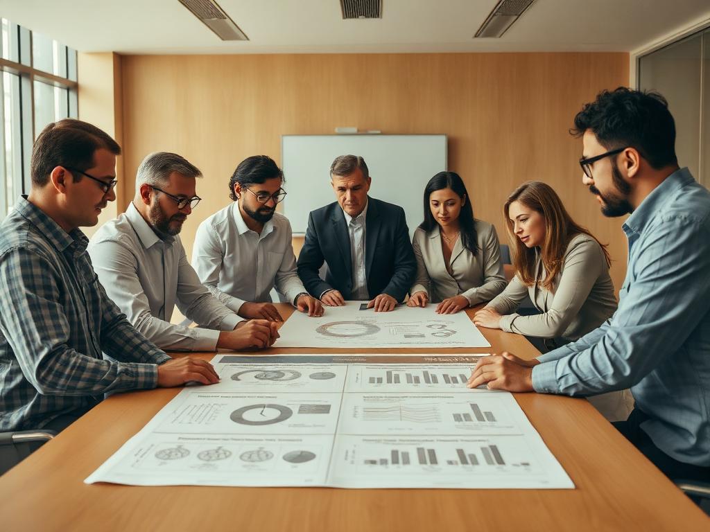 Industry specialists reviewing process diagrams in a boardroom