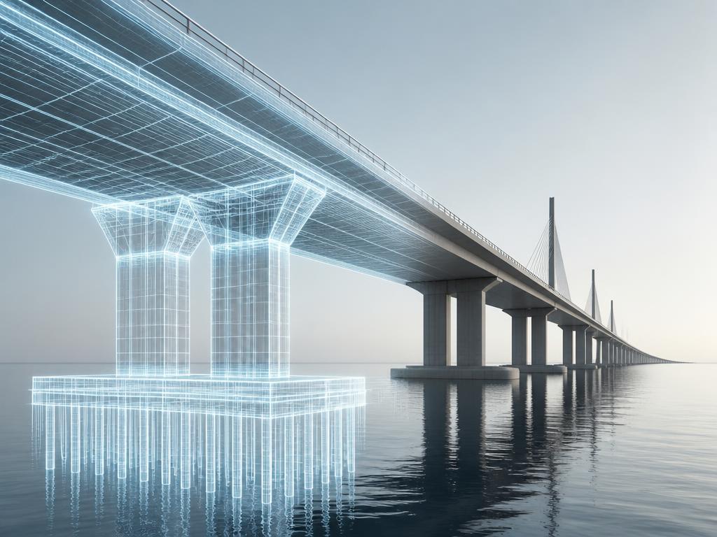 Bridge over water with glowing wireframe foundations symbolising scalable architecture