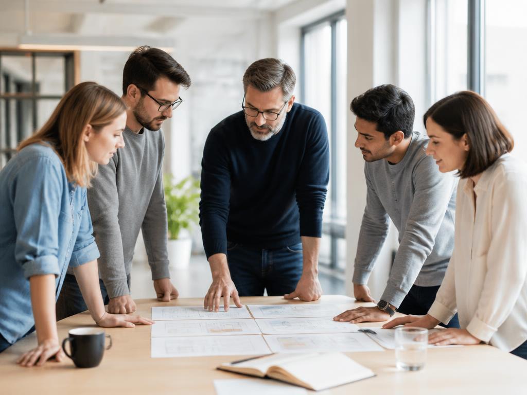 One accountable team reviewing printed diagrams in a bright studio