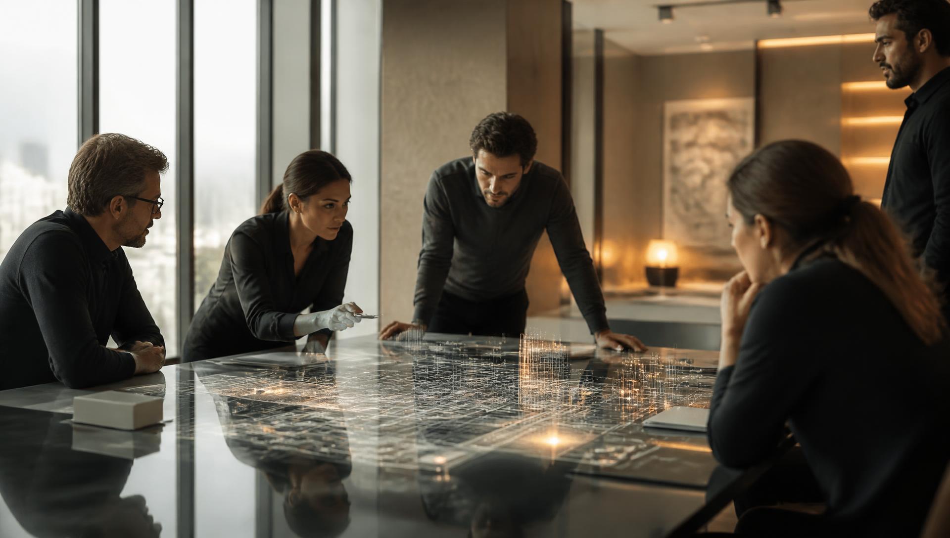 Syntarah architects reviewing a live system blueprint with a client team