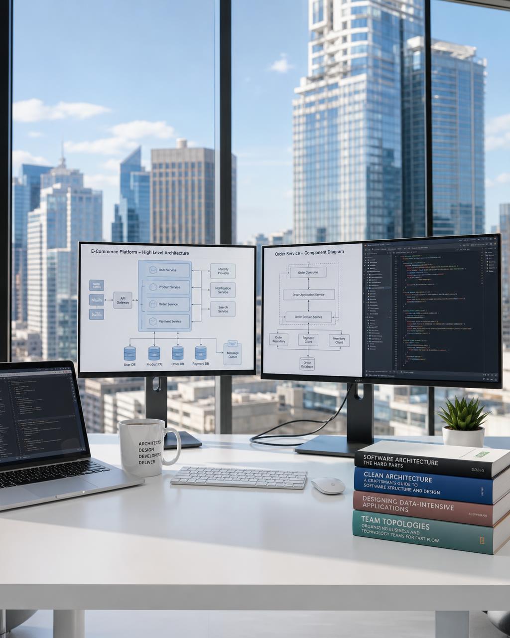 Bright modern architect workspace with dual monitors showing software architecture diagrams, framed by floor-to-ceiling windows overlooking city office towers